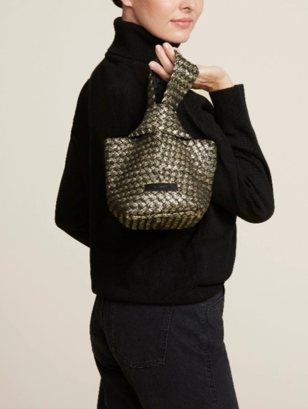 Naghedi Kyoto Clutch Etoile Metallic Woven Tote Mini Bag in Gold